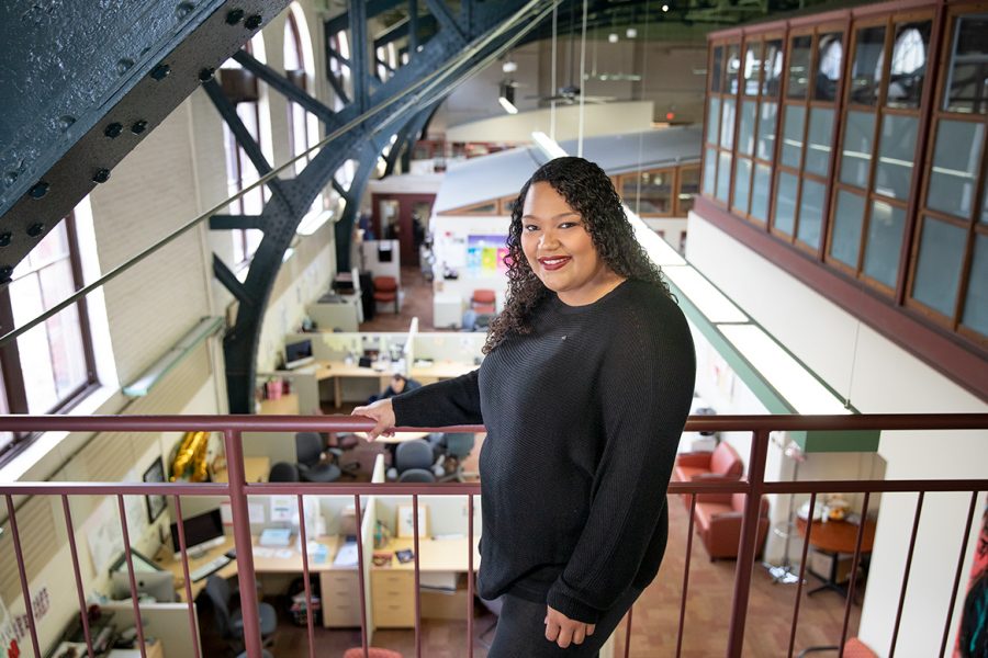 Student standing balcony