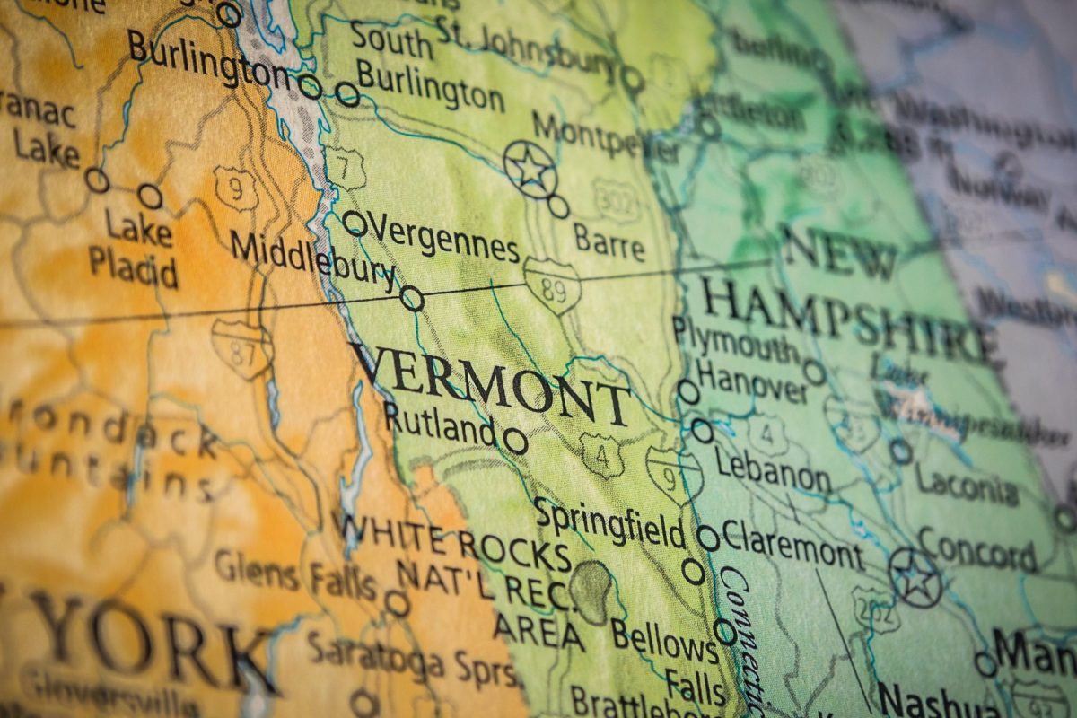 Close-up view of a map showing Vermont and New Hampshire